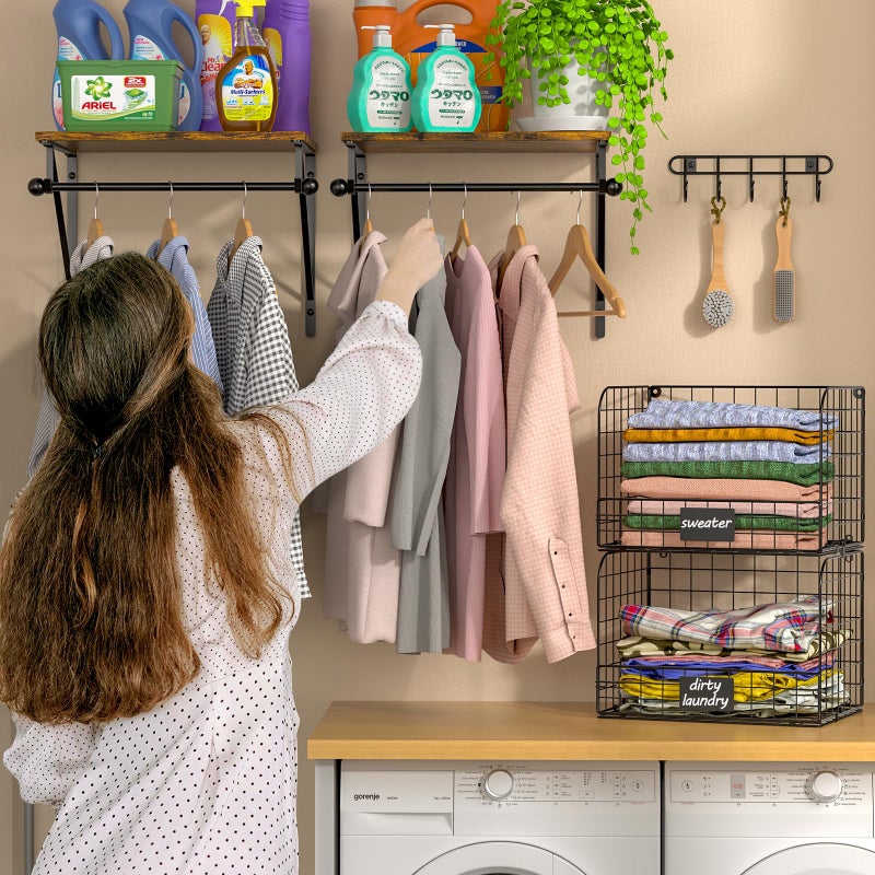DAOUTIME Laundry Room Shelves Wall Mounted with Wire Baskets, Over the Washer and Dryer Shelf with Clothes Drying Rack, Wire Shelves Baskets for Laundry Closet Organization and Storage, Wood+Metal, Black - Image 3