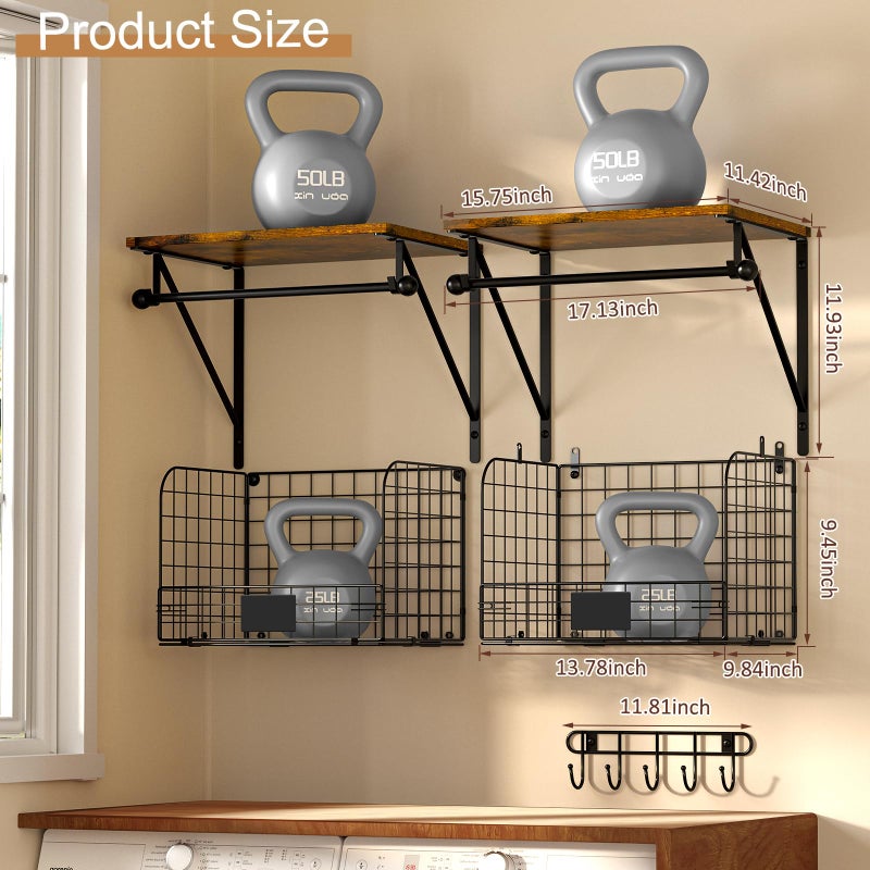 DAOUTIME Laundry Room Shelves Wall Mounted with Wire Baskets, Over the Washer and Dryer Shelf with Clothes Drying Rack, Wire Shelves Baskets for Laundry Closet Organization and Storage, Wood+Metal, Black - Image 4