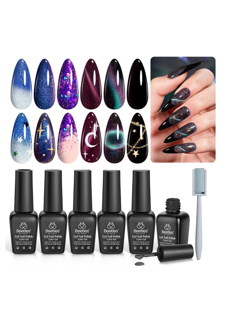 beetles Gel Polish Beetles Milky Way Glitter Gel Nail Polish Set - 6Pcs Black Purple Blue Galaxy Gel Polish Kit Soak Off UV Lamp Cat Eyes Magnet Color Changing Sparkling Phantom Chameleon Gel Gift for Women Girls  - Image 1