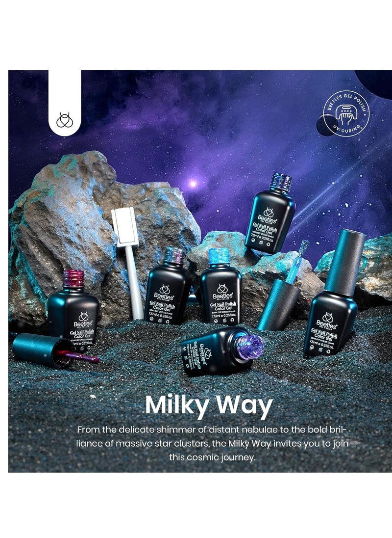 beetles Gel Polish Beetles Milky Way Glitter Gel Nail Polish Set - 6Pcs Black Purple Blue Galaxy Gel Polish Kit Soak Off UV Lamp Cat Eyes Magnet Color Changing Sparkling Phantom Chameleon Gel Gift for Women Girls  - Image 2