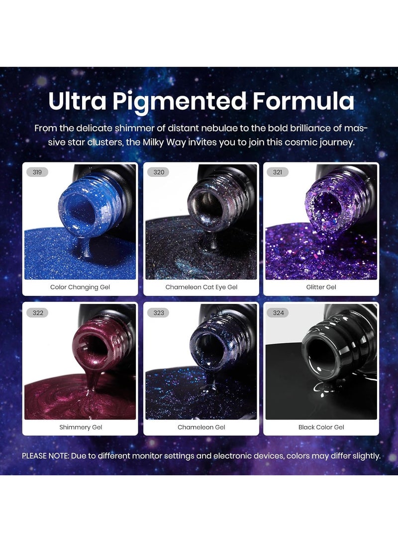 beetles Gel Polish Beetles Milky Way Glitter Gel Nail Polish Set - 6Pcs Black Purple Blue Galaxy Gel Polish Kit Soak Off UV Lamp Cat Eyes Magnet Color Changing Sparkling Phantom Chameleon Gel Gift for Women Girls  - Image 3