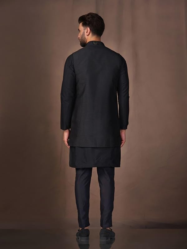 KISAH Men's Kurta Jacket Trouser Set, Black Cotton Blend, Woven Design Regular Fit Mandarin Collar Long Sleeves (L) - Image 5