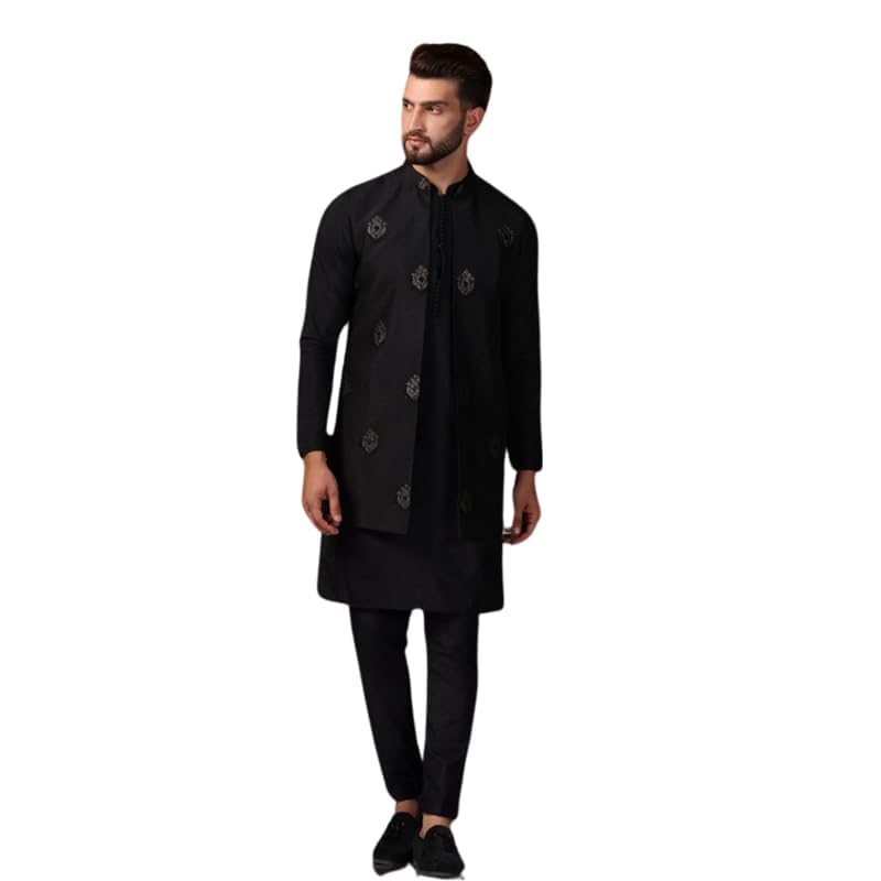 KISAH Men's Kurta Jacket Trouser Set, Black Cotton Blend, Woven Design Regular Fit Mandarin Collar Long Sleeves (L) - Image 2