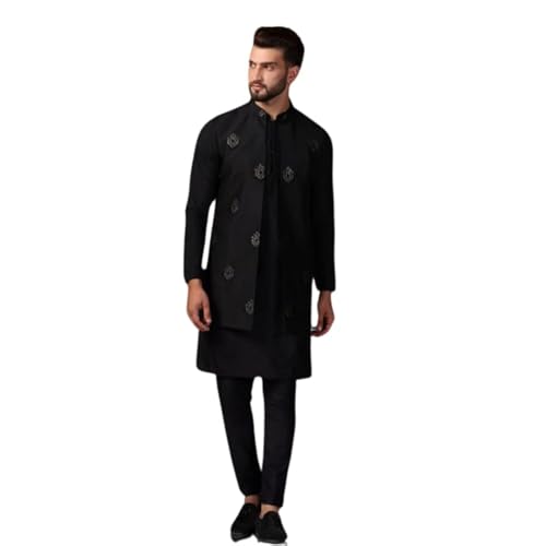 KISAH Men's Kurta Jacket Trouser Set, Black Cotton Blend, Woven Design Regular Fit Mandarin Collar Long Sleeves (L) - Image 1
