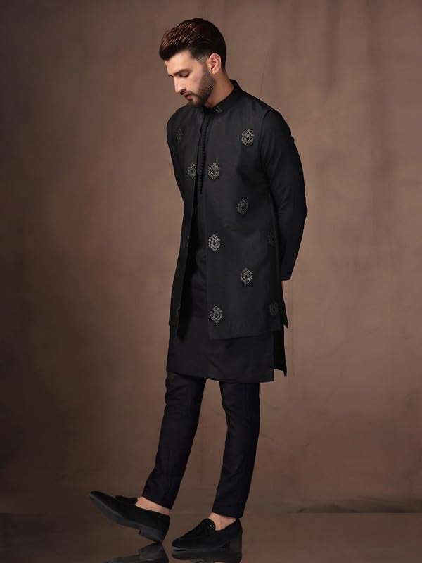KISAH Men's Kurta Jacket Trouser Set, Black Cotton Blend, Woven Design Regular Fit Mandarin Collar Long Sleeves (L) - Image 4