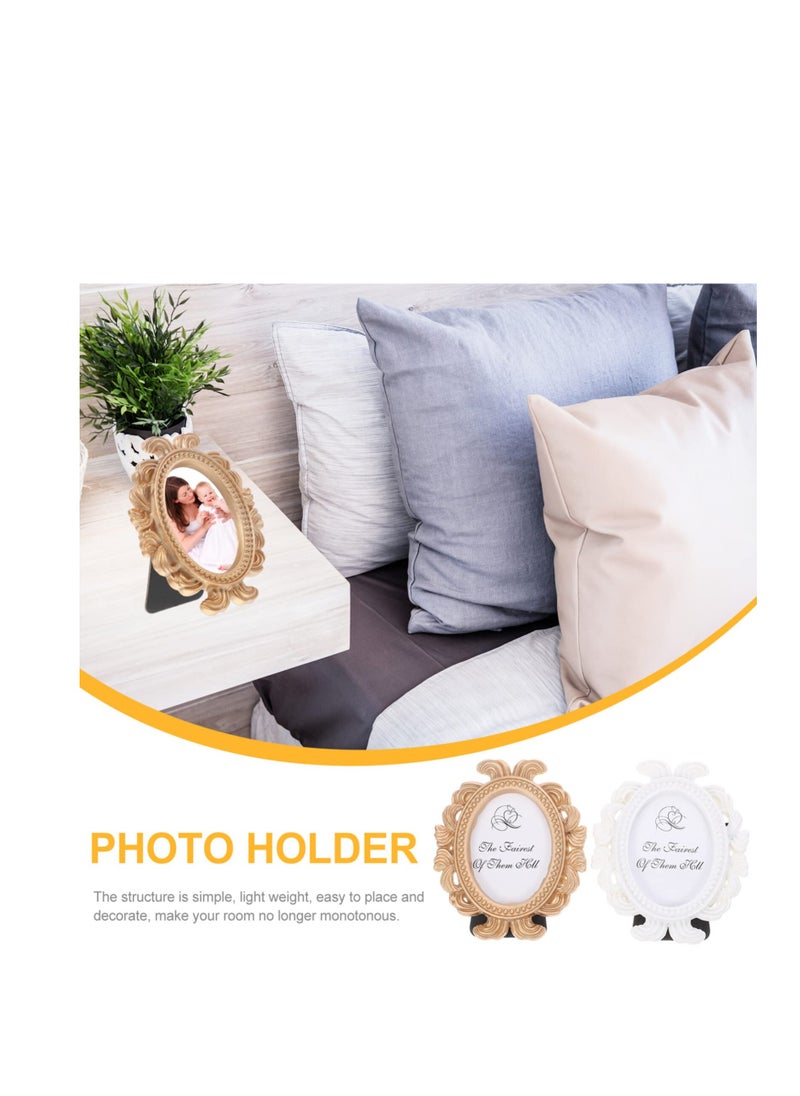 Excefore - Mini Vintage Photo Frames, 2 Pcs Oval Shaped Baroque Picture Frames, Vintage Picture Frame Antique Photo Frame, Tabletop Picture Display Stand, for Home Office Bedroom Living Room (White Golden) - Image 1