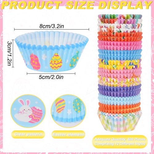 Qumenan 600 Pack Easter Cupcake Liners Baking Cups Standard Size Muffin Liners for Easter Spring Birthday Party Candy Cake Decorations Supplies(12 Styles) - Image 2