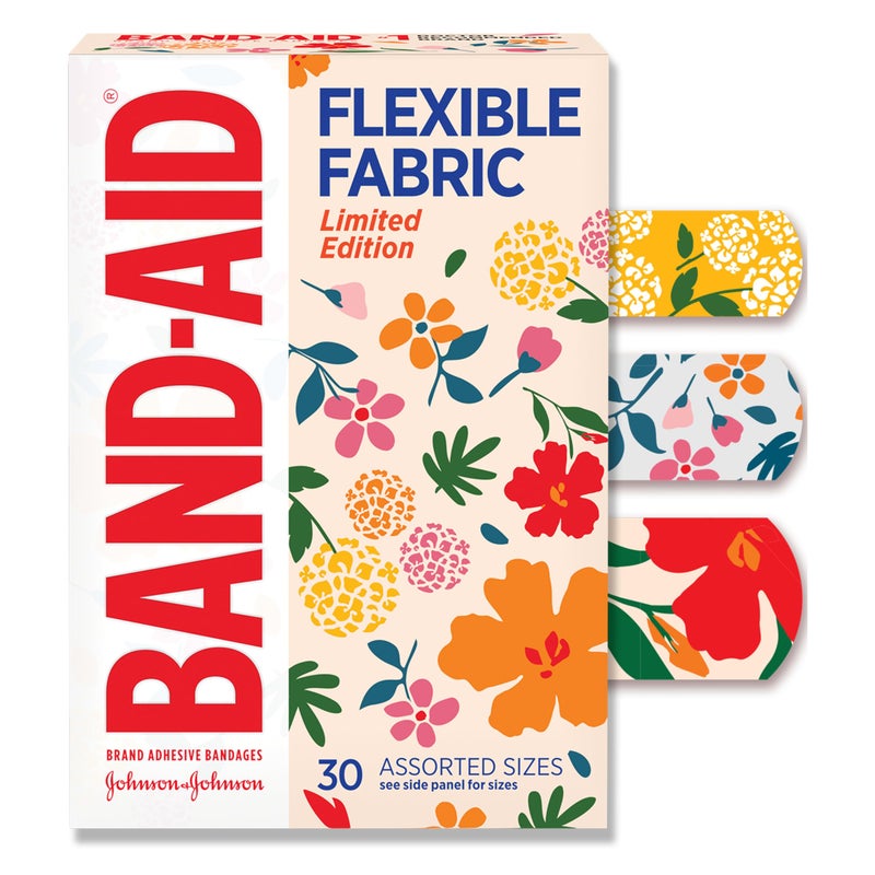 Band-Aid لصقات باند-أيد ماركة القماش المرن، حماية مرنة مريحة ورعاية للجروح للقطع والخدوش الطفيفة، لاصق الإسعافات الأولية بتصميم زهور برية، أحجام متنوعة، 30 قطعة - Image 1