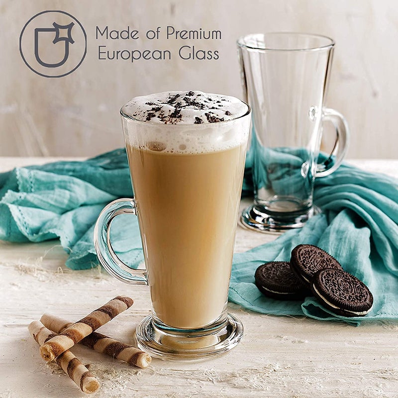 ConvertKitchen Glass Tall Irish Coffee Mugs with Handle Set of 2 Clear Large Cup for Juice Tea Cappuccino Hot Chocolate Cold Beverages 280ml - Image 3