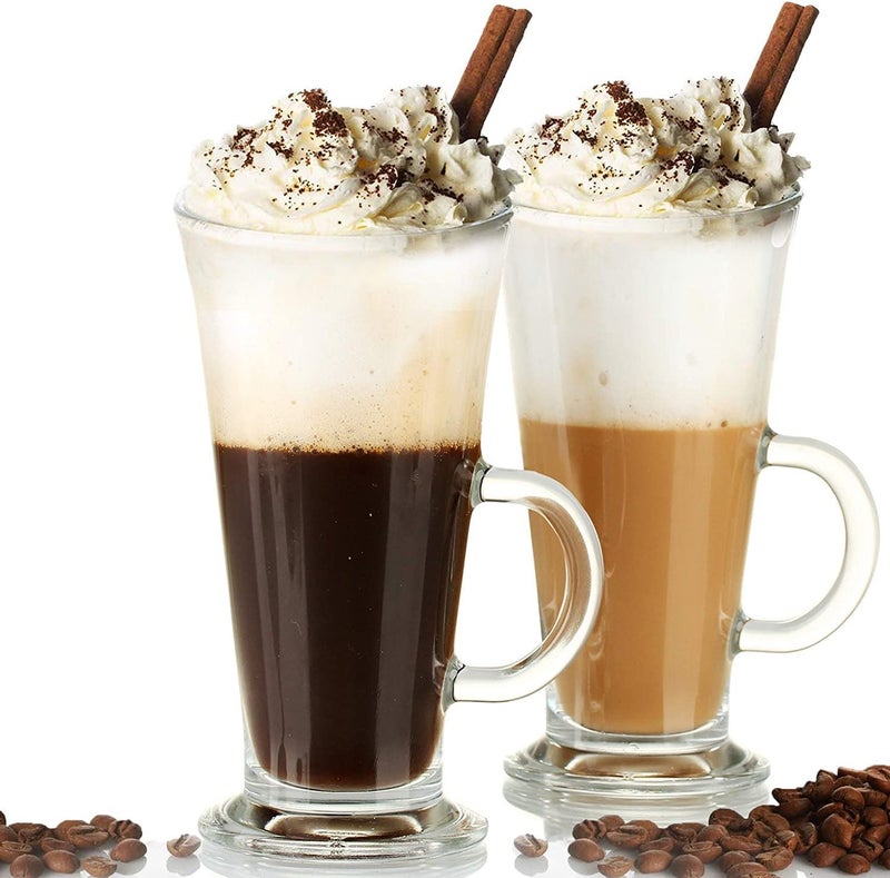 ConvertKitchen Glass Tall Irish Coffee Mugs with Handle Set of 2 Clear Large Cup for Juice Tea Cappuccino Hot Chocolate Cold Beverages 280ml - Image 1