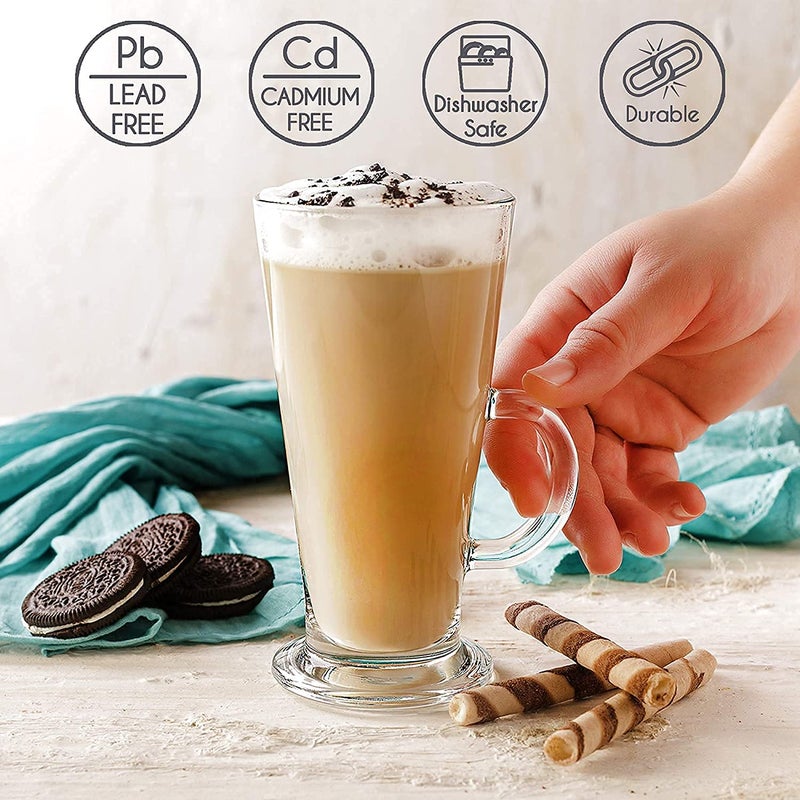 ConvertKitchen Glass Tall Irish Coffee Mugs with Handle Set of 2 Clear Large Cup for Juice Tea Cappuccino Hot Chocolate Cold Beverages 280ml - Image 5