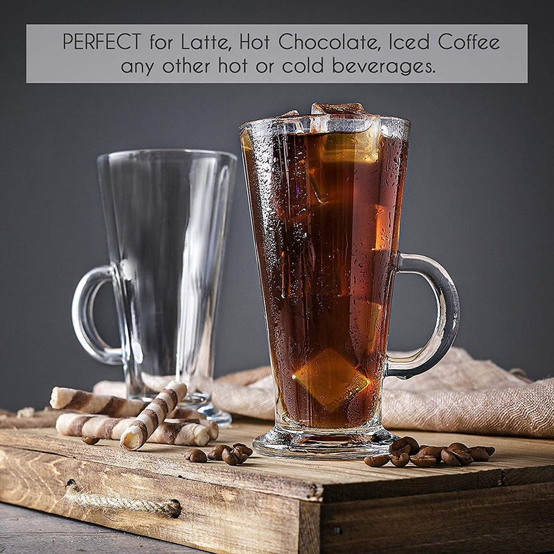 ConvertKitchen Glass Tall Irish Coffee Mugs with Handle Set of 2 Clear Large Cup for Juice Tea Cappuccino Hot Chocolate Cold Beverages 280ml - Image 2