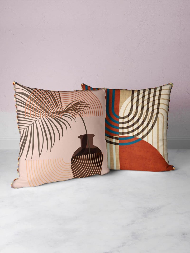 BIANCA Designer Reversible Printed Silk Linen Cushion Covers -2pc 16 X16 Set (Suzane) | with Contrast Front & Back Digital Print | - Hidden Zipper Floral-Geometric-Earthy/Beige - Image 1