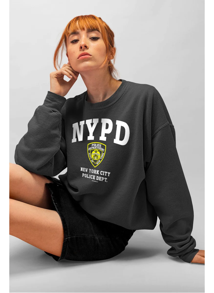 Rock&Roll Nypd Anthracite Oversize Crew Neck Thick Women's Sweatshirt