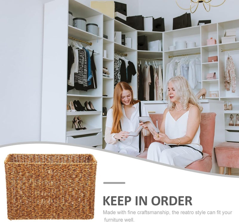 comfrt Rattan Storage Basket Simulation Woven Magazine Files Book Holder Rectangular Basket Bin Laundry Tote Basket for Bedroom Living Room Home - Image 3