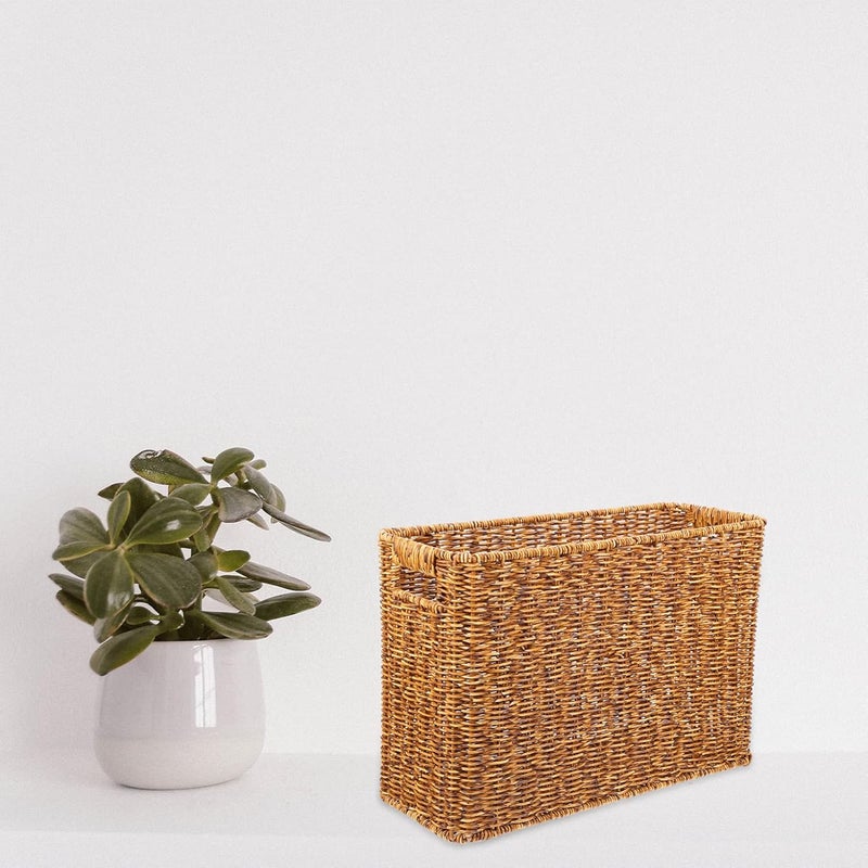 comfrt Rattan Storage Basket Simulation Woven Magazine Files Book Holder Rectangular Basket Bin Laundry Tote Basket for Bedroom Living Room Home - Image 5