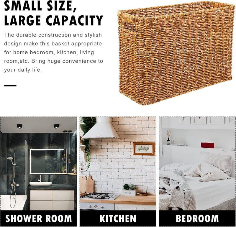 comfrt Rattan Storage Basket Simulation Woven Magazine Files Book Holder Rectangular Basket Bin Laundry Tote Basket for Bedroom Living Room Home - Image 2