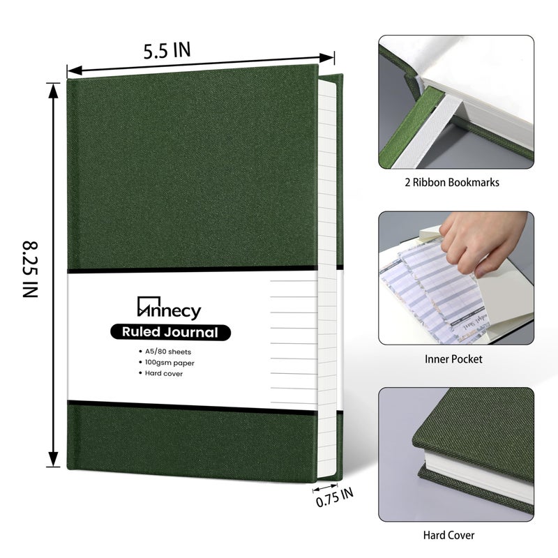 Annecy Lined Journal Notebook  Hardcover Leather Journal For Women & Men  160 Numbered Pages  Medium 5.5"" X 8.25""  100 Gsm Thick Paper  Deep Green - Image 2