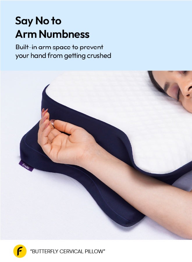 Frido Cervical Butterfly Pillow, Orthopedic Memory Foam Pillow For Neck & Shoulder Pain, Ergonomic Contours, Dual Height Options, Pillow For Side Sleepers With Arm Support, Blue, Pack Of 1 - Image 3