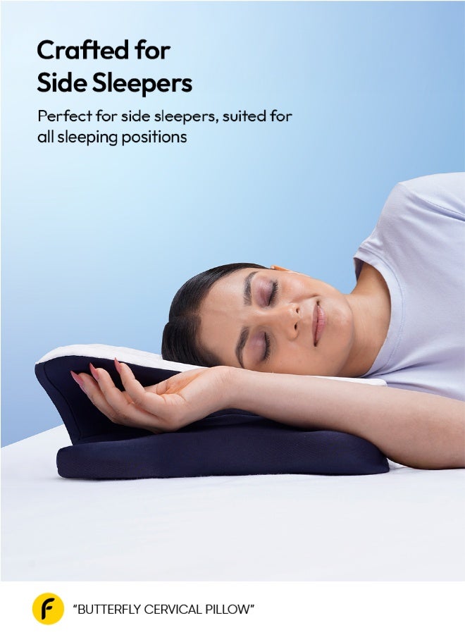 Frido Cervical Butterfly Pillow, Orthopedic Memory Foam Pillow For Neck & Shoulder Pain, Ergonomic Contours, Dual Height Options, Pillow For Side Sleepers With Arm Support, Blue, Pack Of 1 - Image 2