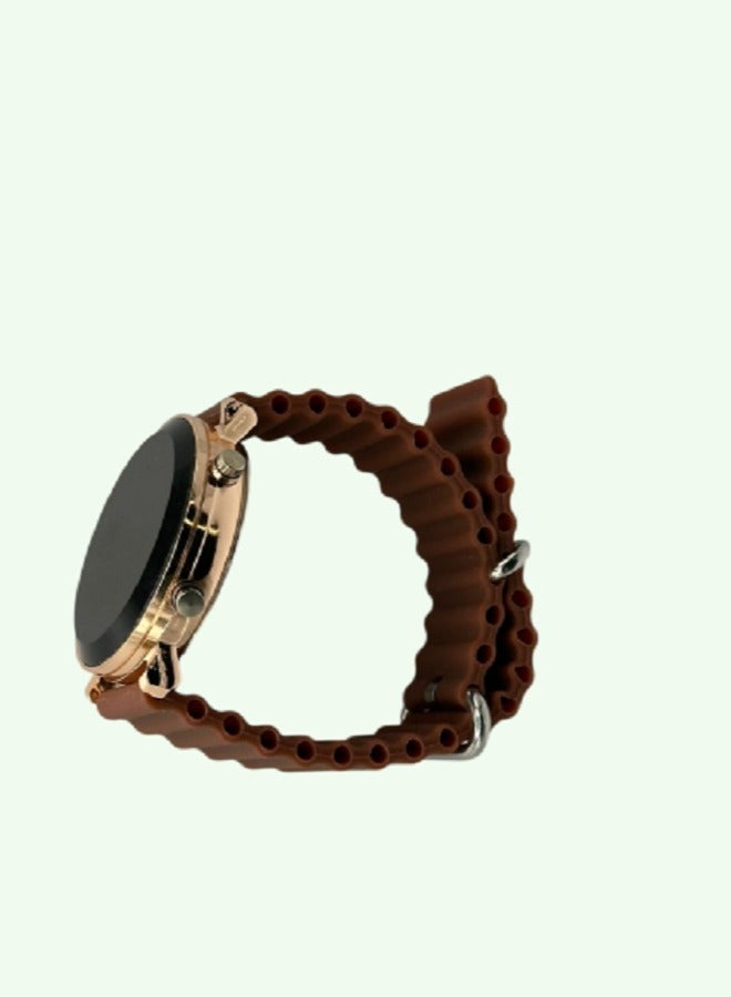 Undefined A Modern Elegant Black Sports Watch With A Gold Frame And A Brown Bracelet - Image 3
