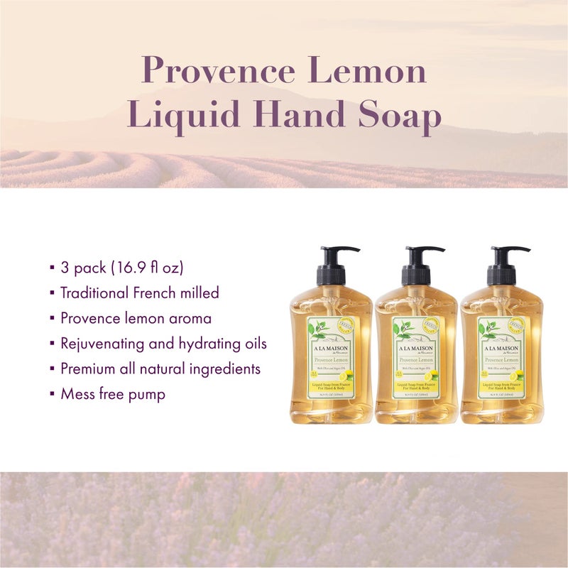 A LA MAISON Provence Lemon Liquid Hand Soap 16.9 Fl Oz - Natural Hand Wash Made with Essential Oils - Biodegradable, Plant-Based, Vegan, Cruelty-Free, Alcohol & Paraben Free (3 Pack) - Image 2