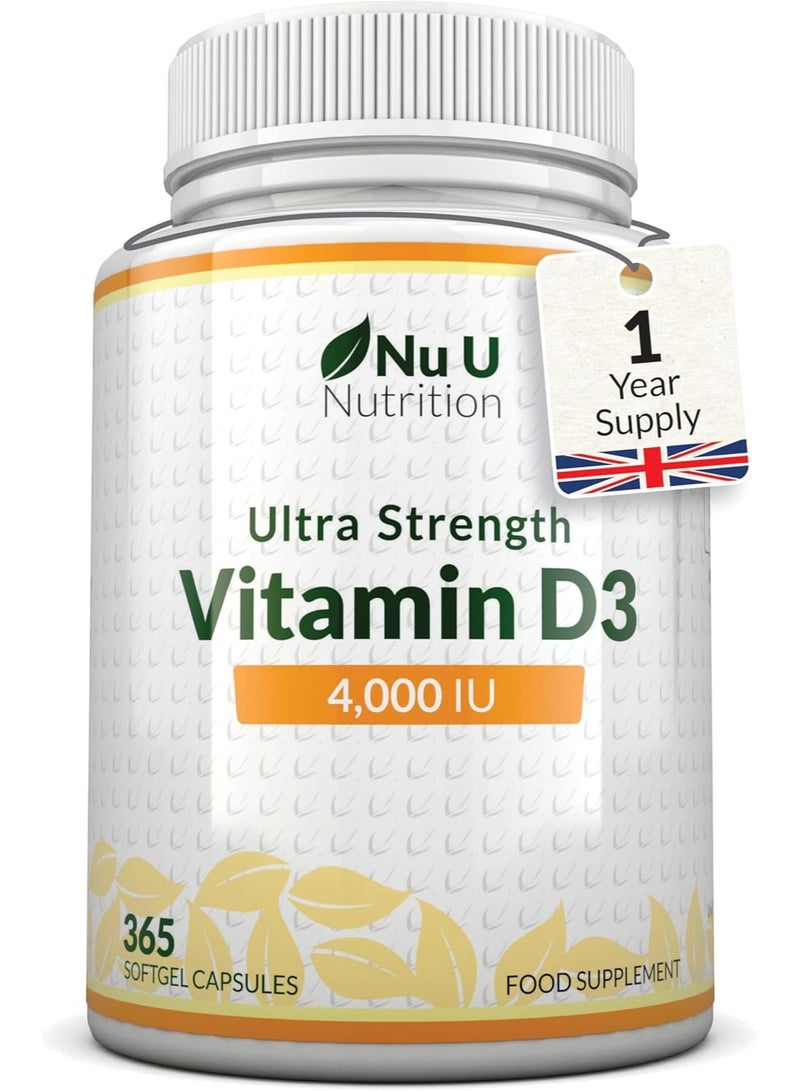 Nu U Nutrition Vitamin D3 4000IU Tablets for Immune Support, Bone Health & Overall Wellbeing - Gluten Free, Vegetarian Friendly, Ideal for Seasonal Supplementation- 365 Softgel Capsules - Image 1