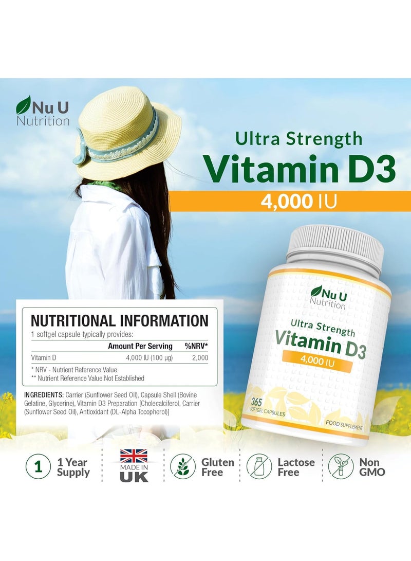 Nu U Nutrition Vitamin D3 4000IU Tablets for Immune Support, Bone Health & Overall Wellbeing - Gluten Free, Vegetarian Friendly, Ideal for Seasonal Supplementation- 365 Softgel Capsules - Image 2
