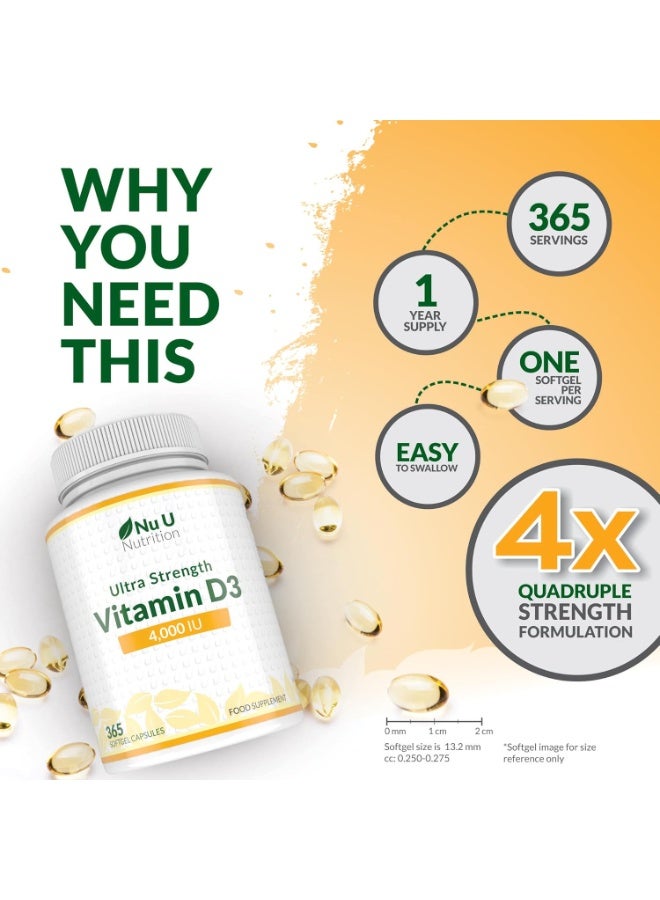 Nu U Nutrition Vitamin D3 4000IU Tablets for Immune Support, Bone Health & Overall Wellbeing - Gluten Free, Vegetarian Friendly, Ideal for Seasonal Supplementation- 365 Softgel Capsules - Image 3