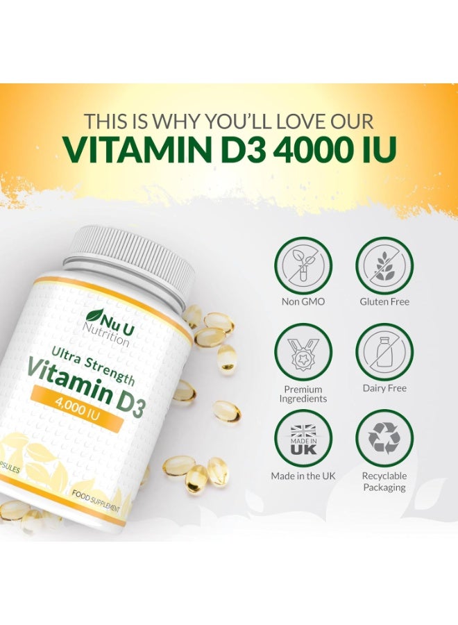 Nu U Nutrition Vitamin D3 4000IU Tablets for Immune Support, Bone Health & Overall Wellbeing - Gluten Free, Vegetarian Friendly, Ideal for Seasonal Supplementation- 365 Softgel Capsules - Image 4