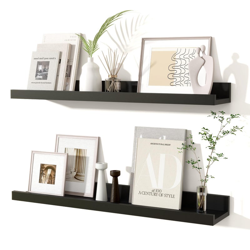 Fun Memories Picture Ledge Shelves Set of 2, 24 Inch Rustic Wall Mounted Floating Shelves with Lip for Home Storage and DÃ©cor in Bathroom, Kitchen, Nursery, Bedroom, Living Room, Black - Image 1