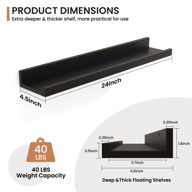 Fun Memories Picture Ledge Shelves Set of 2, 24 Inch Rustic Wall Mounted Floating Shelves with Lip for Home Storage and DÃ©cor in Bathroom, Kitchen, Nursery, Bedroom, Living Room, Black - Image 2