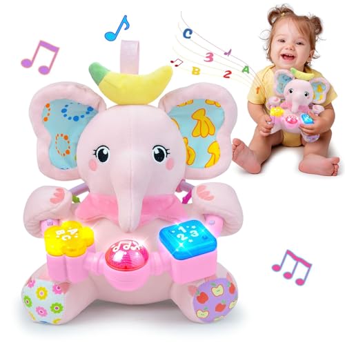 Holaxander Baby Elephant Musical Stuffed Animals Toy with LightUp Music Crinkle Sound PaperInfant Bilingual Early Learning Education ToysTummy Time Toys for 03612 Months Boy Girl Pink - Image 1