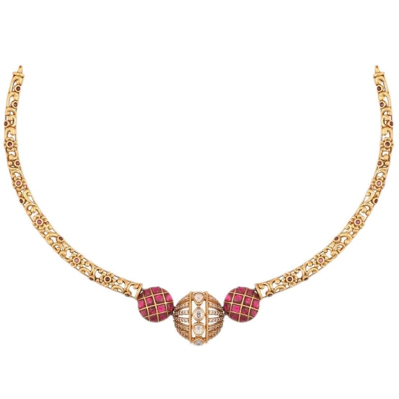TARINIKA Sterling Silver Classic Choker Necklace with Antique Hasli DesignGoldPlated CZ Silver Necklace for Women Perfect for Ethnic occasions Indian jewelry sets for women Round Kempu Jadau Hasli - Image 2