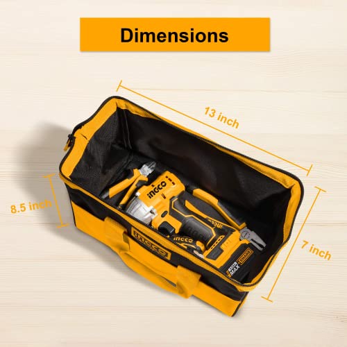 Ingco 13 Inch Tool Bag, Tool Storage Bag with Wide Mouth Multi-use Tool Tote Bag With 6 Pockets Outside, Waterproof for Construction Carpentry Gardening - Image 2