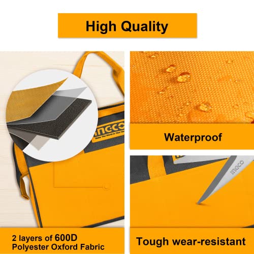 Ingco 13 Inch Tool Bag, Tool Storage Bag with Wide Mouth Multi-use Tool Tote Bag With 6 Pockets Outside, Waterproof for Construction Carpentry Gardening - Image 3