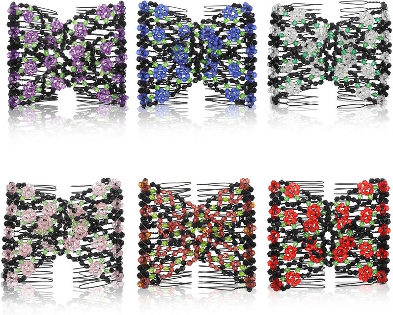 6 Pcs Crystal Beads Hair Combs Elegant Elastic Hair Slides Beads Double Women Hair Clip Stretchy Hair Comb Double Clip DIY Hair Styling Tool for Women Ladies Girls Hair Styling