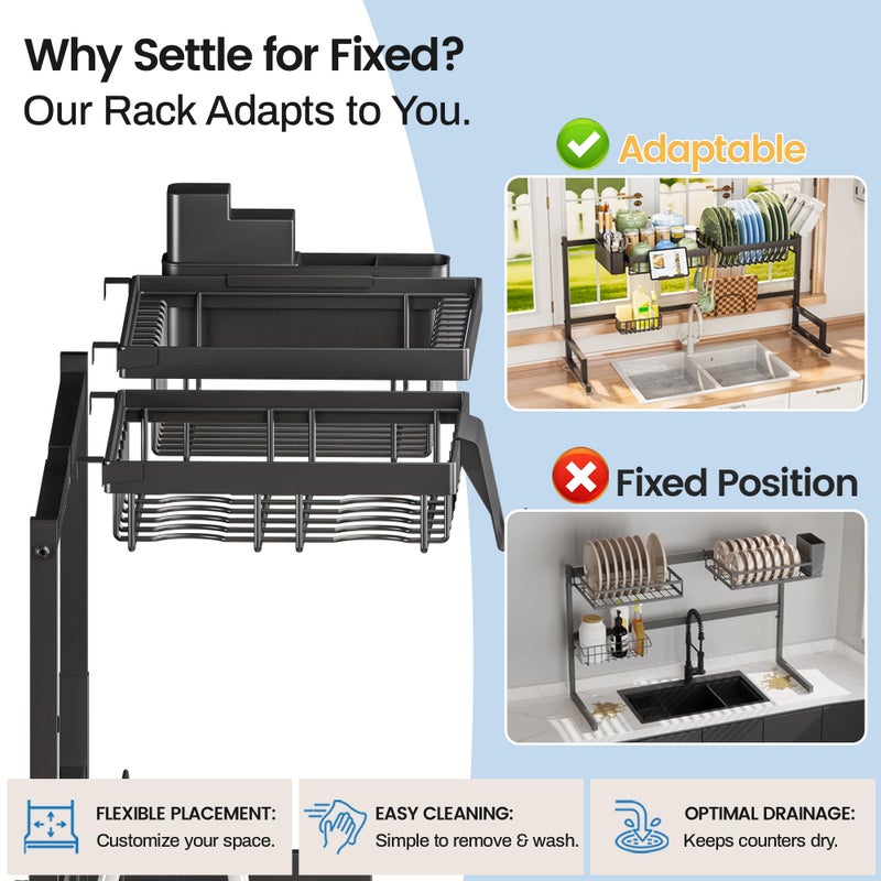 ADBIU Over The Sink Dish Drying Rack (Expandable Height and Length) Snap-On Design 2 Tier Large Dish Rack - Image 3