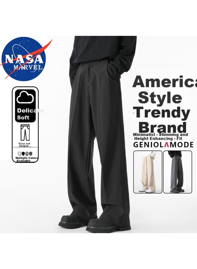 Nasa Marvel Men's Casual Pants Spring And Autumn Loose Straight-leg Draped Wide-leg Solid Color Suit Trousers Black 2XL - Image 1