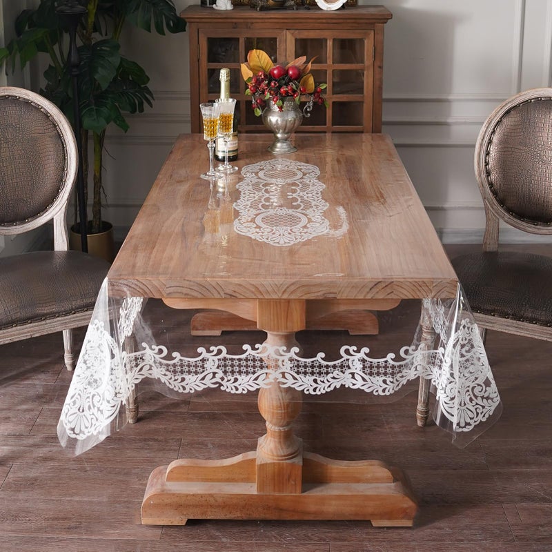 Artbloss Rectangle Waterproof Clear Table Cover Protector Vinyl Table Cloth Oil Spill Proof Wipe Clean Lace Plastic Tablecloths for Dining Tables (White, 52 x 70 Inches) - Image 2