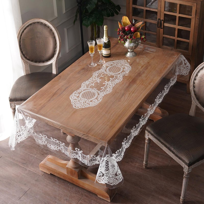 Artbloss Rectangle Waterproof Clear Table Cover Protector Vinyl Table Cloth Oil Spill Proof Wipe Clean Lace Plastic Tablecloths for Dining Tables (White, 52 x 70 Inches) - Image 3