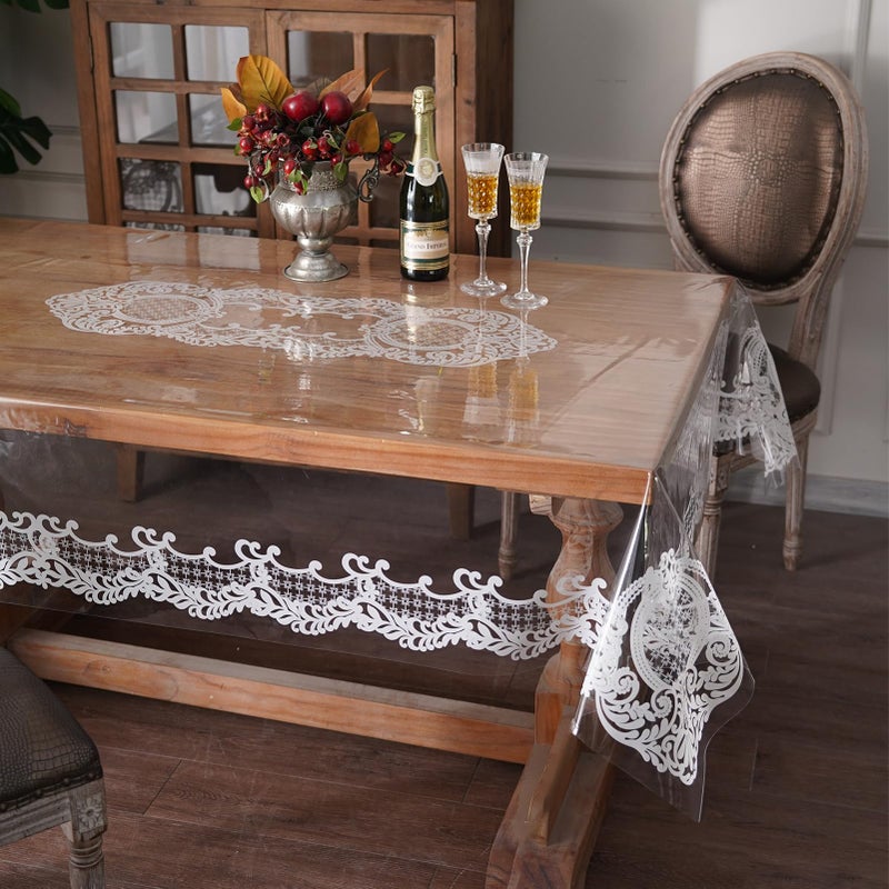 Artbloss Rectangle Waterproof Clear Table Cover Protector Vinyl Table Cloth Oil Spill Proof Wipe Clean Lace Plastic Tablecloths for Dining Tables (White, 52 x 70 Inches) - Image 1