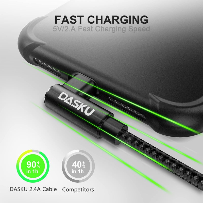 Dasku 2Pack 90 Degree iPhone Charging Cord 6Ft Right Angle Nylon Braided Mfi Certified Gaming Charger Cable Compatible with iPhone 14 13 12 11 Pro Max XS XR X 8 7 6 5 Plus iPadï¼ˆBlackï¼‰ - Image 2