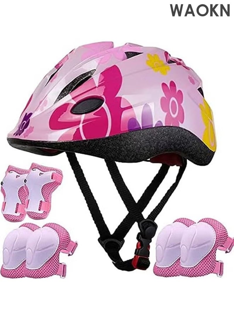 WAOKN Kids Helmet Adjustable,For Kids Ages 3-7 Years Old,Kids Bike Helmets For Boys And Girls,With Protective Sports Gear Set Knee Elbow Pads Wrist Guards,Children's Roller Skating Protective Equipment Set,For Skating Bike Scooters(Pink). - Image 1