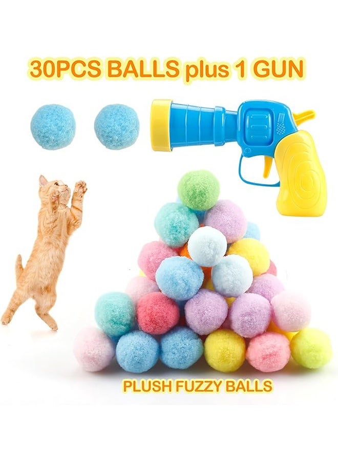 31 Pcs Loading Cat Ball Toy Launcher Gun, Cat Ball Pick Up Toys, 30 Plush Plush Pompom Pom-Pom Launcher Cat Toys, 1 Gun, Fun Interactive Cat Toys for Bored Indoor Adult Cats, Cute Kitten Toys, Puppy Toys (Random Colors) - Image 2