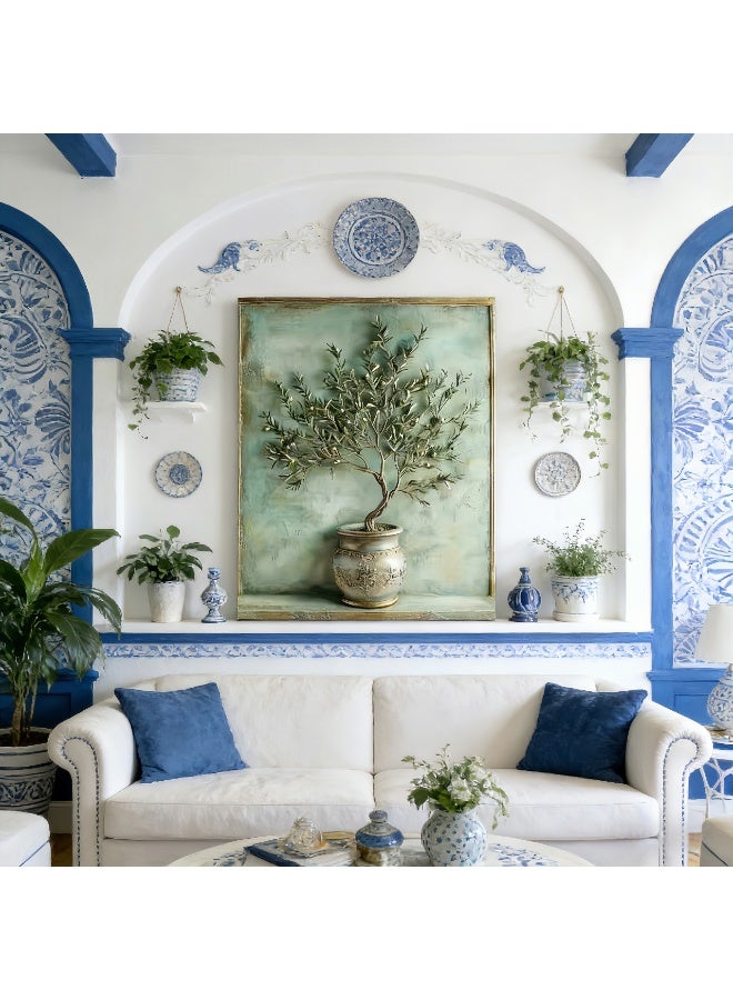 Textured Olive Tree Wall Art, 2D Raised Relief Canvas Painting with Vintage Vase Design, Green & Gold Rustic Home Decor for Living Room/Office - Image 4