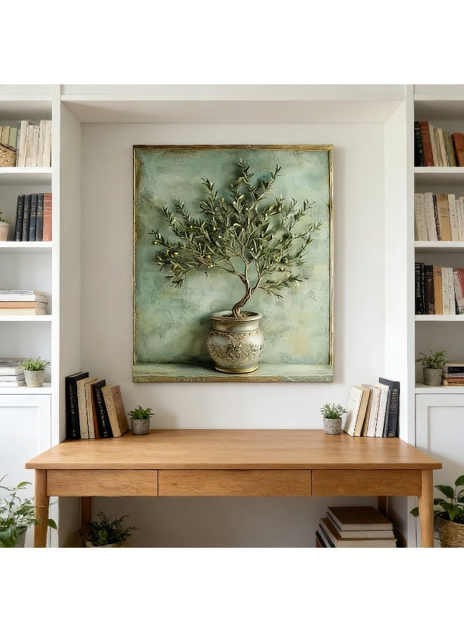 Textured Olive Tree Wall Art, 2D Raised Relief Canvas Painting with Vintage Vase Design, Green & Gold Rustic Home Decor for Living Room/Office - Image 2