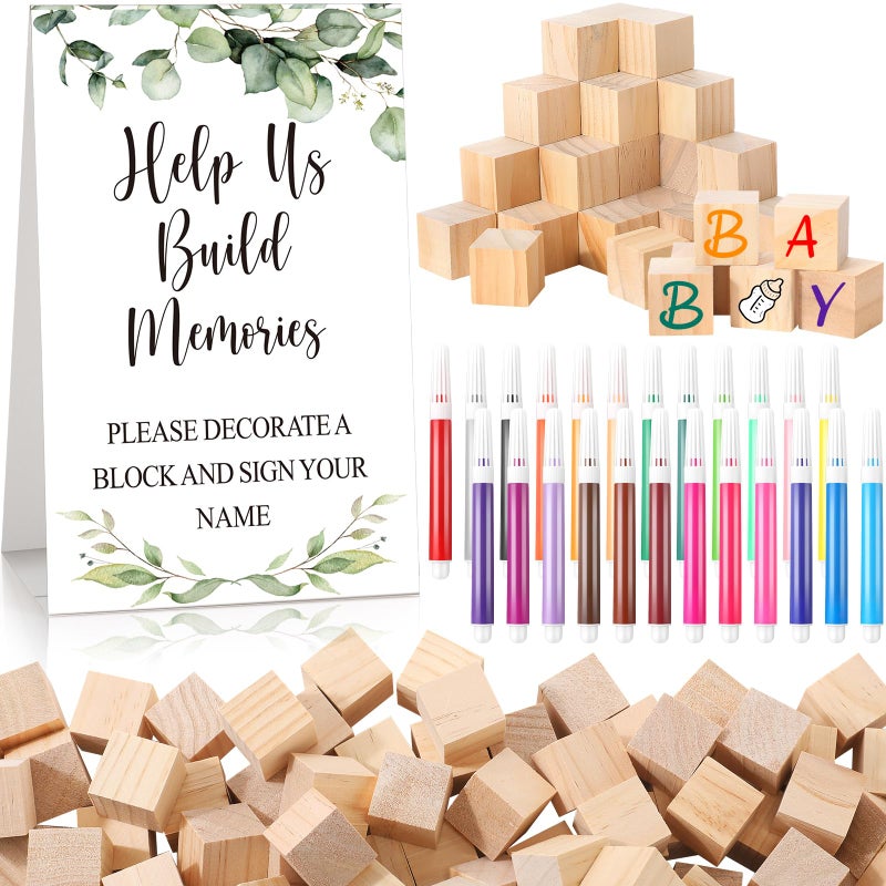 Dinifee 125 Pcs Baby Shower Decorate a Block Game Set Includes Help Us Build Memories Sign 100 DIY Blank Wooden Block 24 Paint Marker Prize for Wedding Baby Shower GameLeaves - Image 3