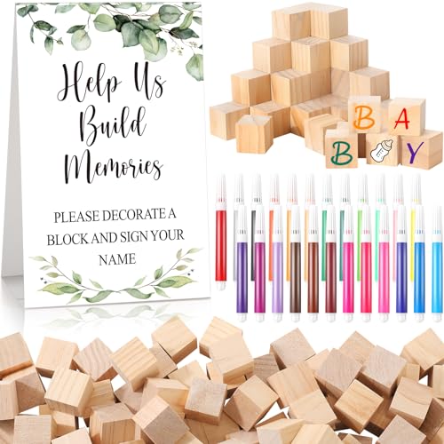 Dinifee 125 Pcs Baby Shower Decorate a Block Game Set Includes Help Us Build Memories Sign 100 DIY Blank Wooden Block 24 Paint Marker Prize for Wedding Baby Shower GameLeaves - Image 1