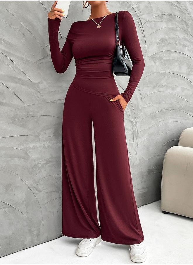 Take Two Boat Neck Fitted Top & Wide Leg Pants Co-Ords by Styli  - Image 1